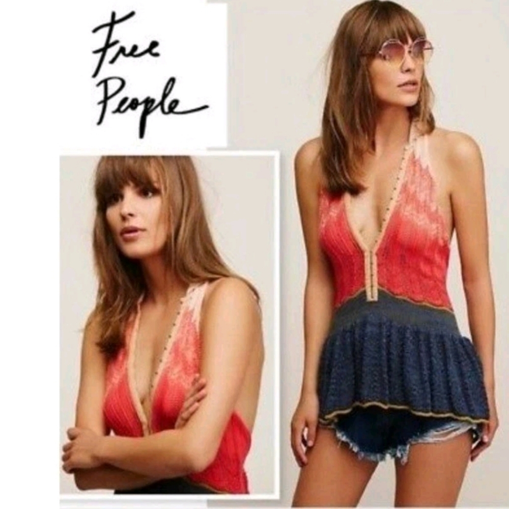 Free People Sleeveless Peplum Polo Knit Sweater Blue Combo/ Medium